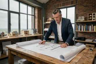 Un architecte professionnel examine des plans dans un studio d'architecture moderne du Pas-de-Calais