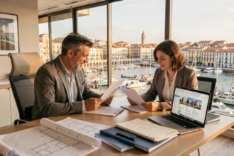 Courtiers en prêt immobilier dans les Bouches-du-Rhône consultant des clients dans un bureau moderne avec vue sur Marseille