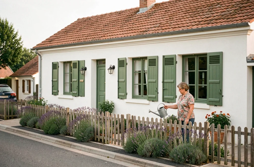 Pavillon français classique avec volets verts et jardin fleuri illustrant les maisons construites par Le Pavillon Français en Essonne