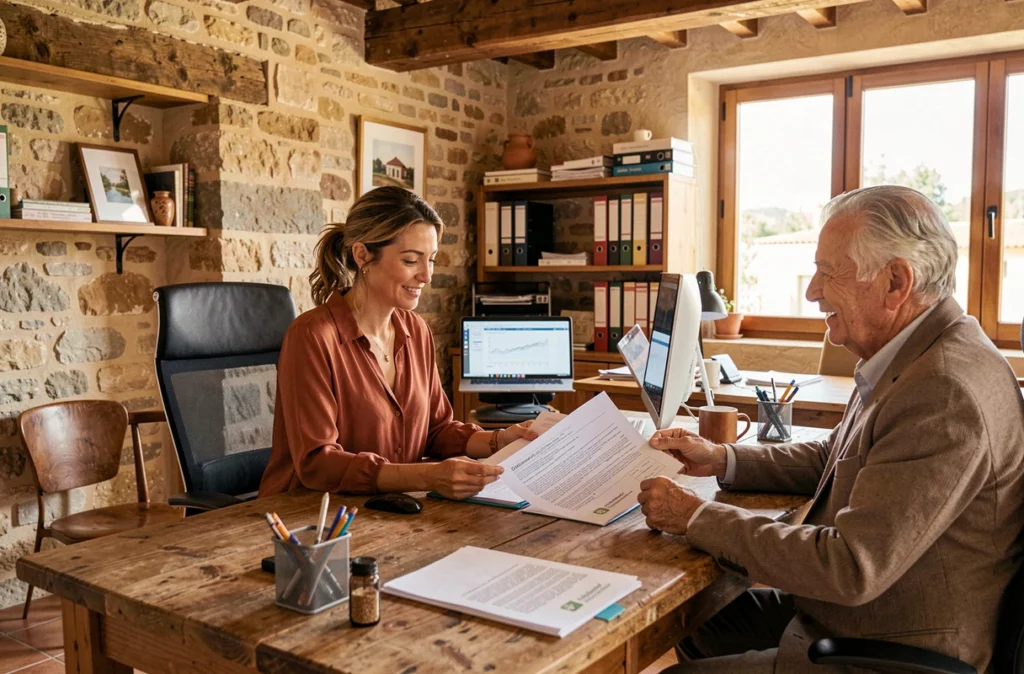 Courtière Provence Courtages dans un bureau au style provençal examinant un dossier d'achat immobilier avec un couple