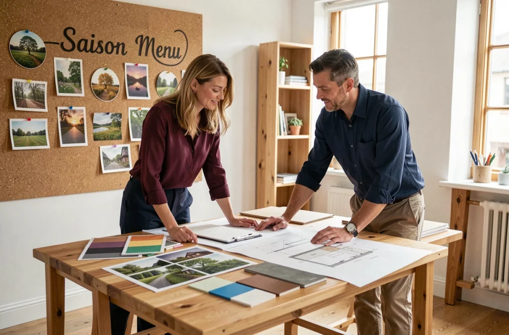 Les architectes de l'agence Saison Menu collaborant sur des planches de matériaux dans leur studio