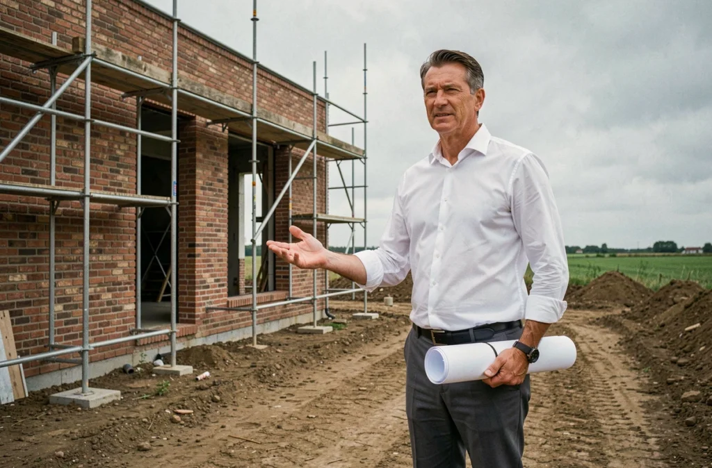 Pierre Faveris sur un chantier de construction résidentielle dans le Pas-de-Calais avec ses plans