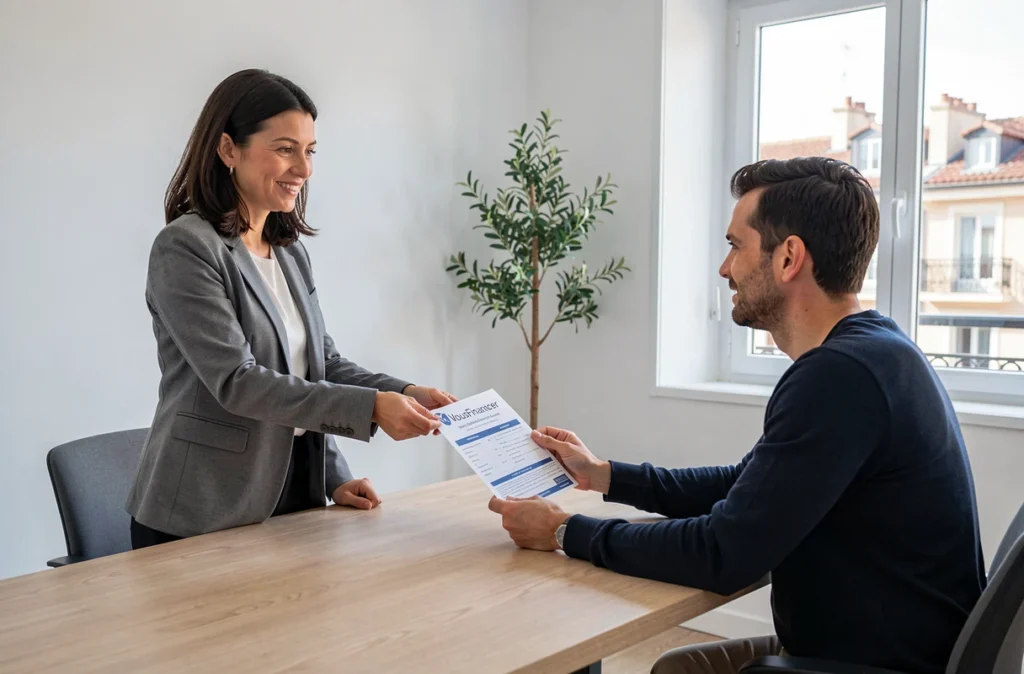 Courtière VousFinancer Marseille remettant une simulation de prêt à un client