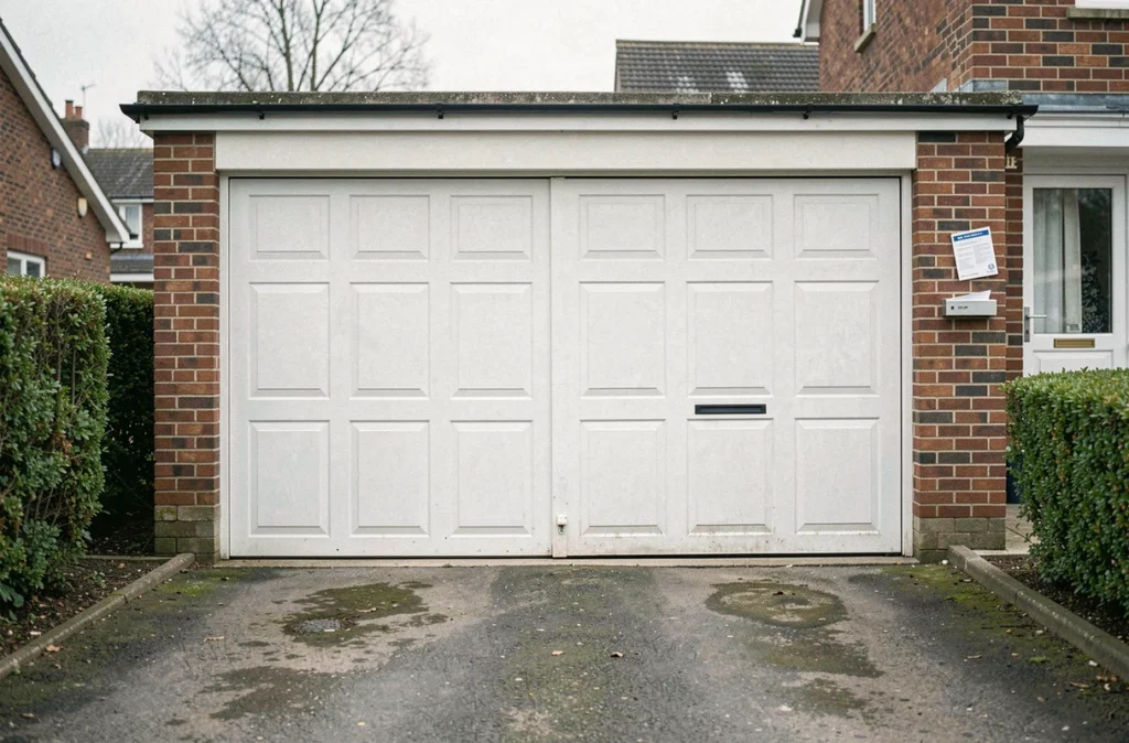 Façade de garage résidentiel fermé avec allée en béton et brochure d'assurance habitation dans la boîte aux lettres voisine
