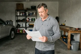 Propriétaire examinant son contrat d'assurance habitation dans son garage résidentiel avec voiture garée et outils au mur