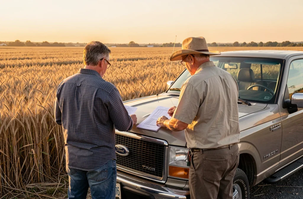 Un agriculteur et un propriétaire examinent un contrat au bord d'un champ